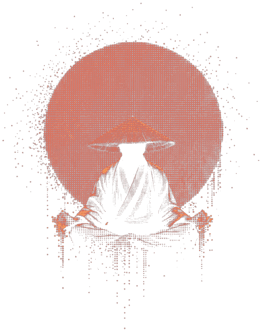 A ronin seated in meditation beneath a wide straw hat, face hidden in shadow, a circle of ember light behind the head, drawn in the site's dot-matrix style.